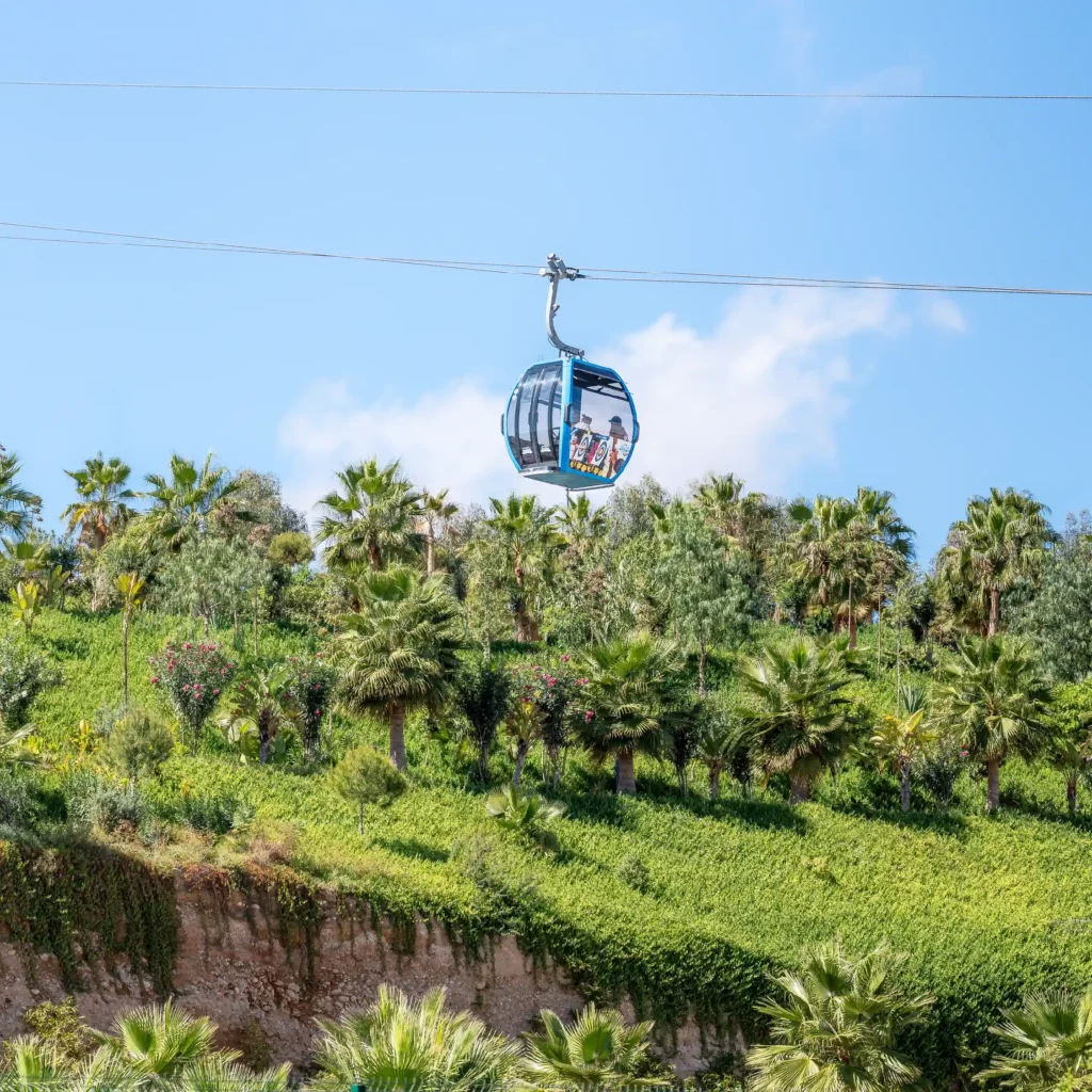 Agadir Téléphérique cable car gliding over lush green trees and natural landscape, offering panoramic views from above
