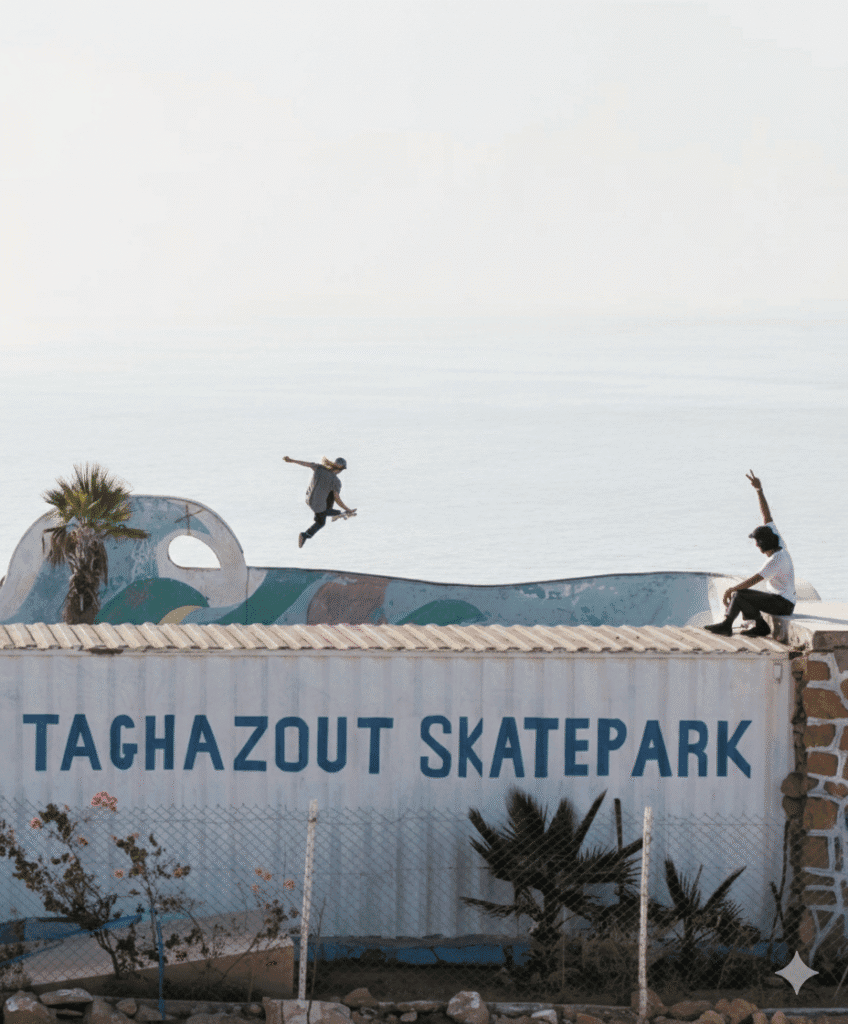 pro skaters in taghazout skate park 